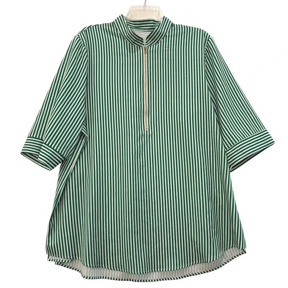 Unbranded Green White Striped Half Zip Short 1/2 Sleeve Tunic Blouse Womens 2XL - Picture 1 of 6